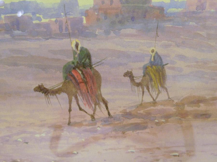 Orientalist Bedouin Arabs on Camelback Watercolor by Douglas Pinder
