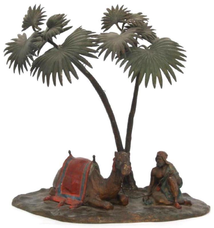 Antique Arab and Camel Orientalist Cold Painted Austrian Bronze Sculpture After Bergmann