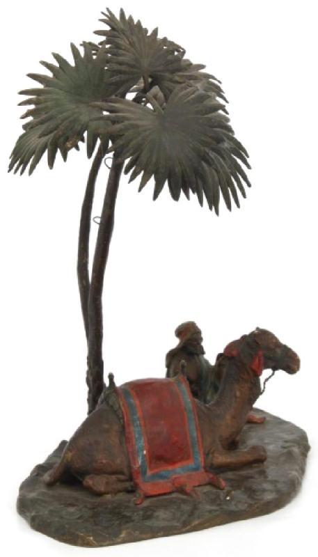 Antique Arab and Camel Orientalist Cold Painted Austrian Bronze Sculpture After Bergmann