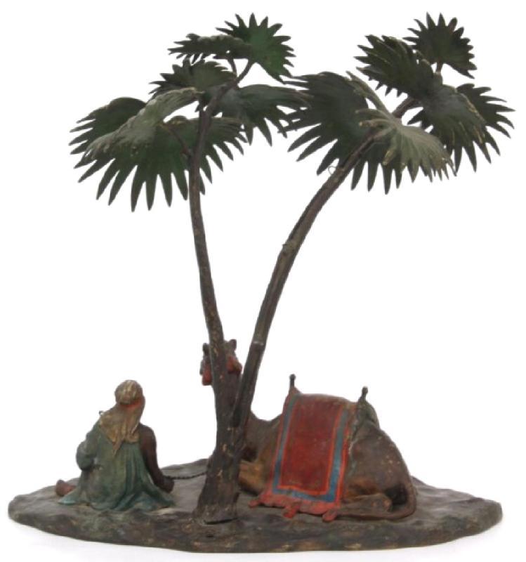 Antique Arab and Camel Orientalist Cold Painted Austrian Bronze Sculpture After Bergmann