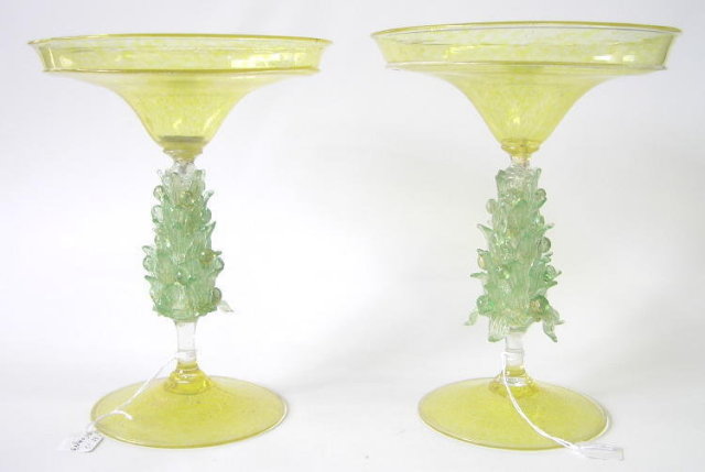 PAIR Golden Venetian Glass Compotes