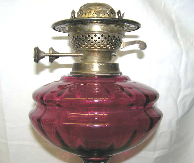 English Ruby Red Glass & Silver Oil Lamp