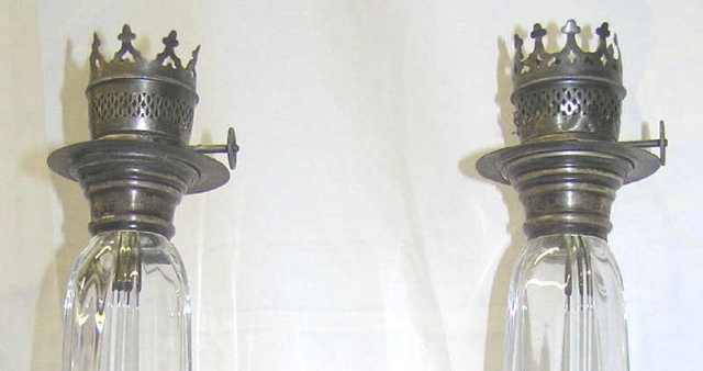 Pair English JHM Silver & Glass Oil Lamps