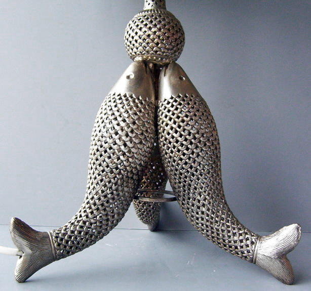 Vintage Fish Indian or Persian Silver Table Lamp with Fishes Motif