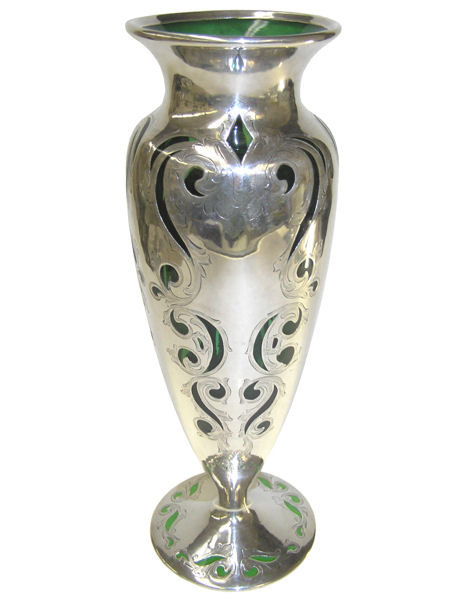 Art Nouveau Silver Overlay Green Glass Vase