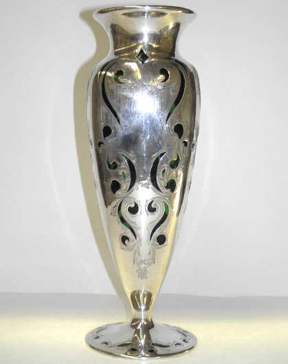 Art Nouveau Silver Overlay Green Glass Vase