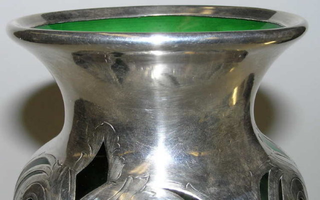 Art Nouveau Silver Overlay Green Glass Vase