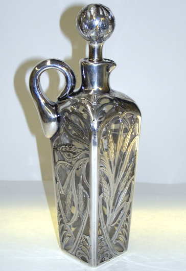 Antique Glass Whiskey Cruet w Silver Overlay