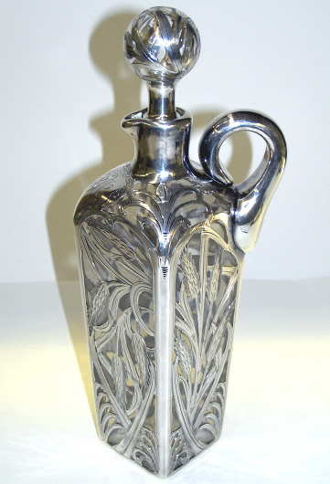Antique Glass Whiskey Cruet w Silver Overlay