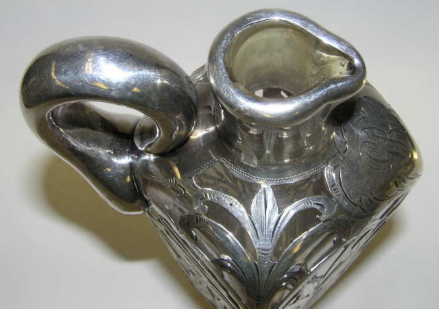 Antique Glass Whiskey Cruet w Silver Overlay