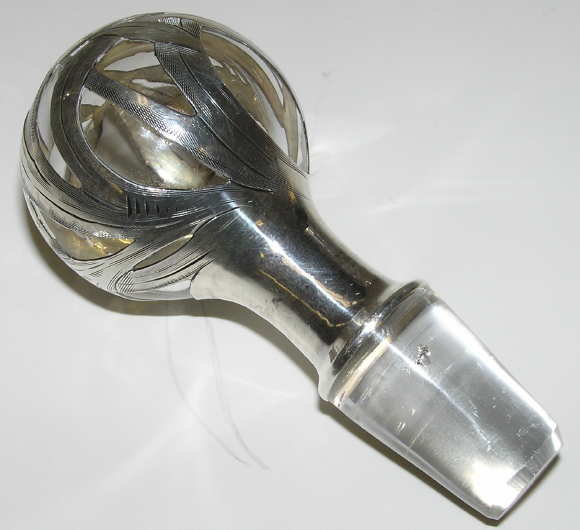 Antique Glass Whiskey Cruet w Silver Overlay