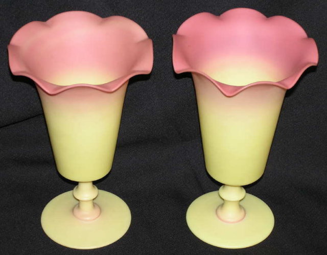 Pair Burmese Glass Vases by Mt. Washington or Webb