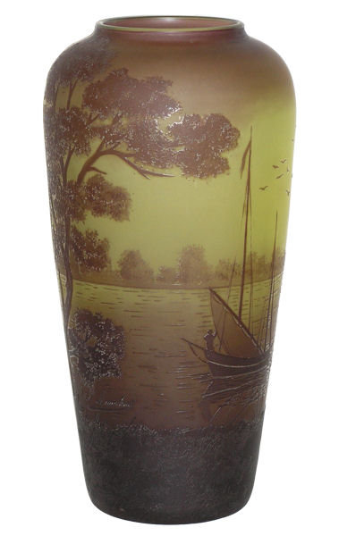Val St Lambert Lake Scene Cameo Glass Vase