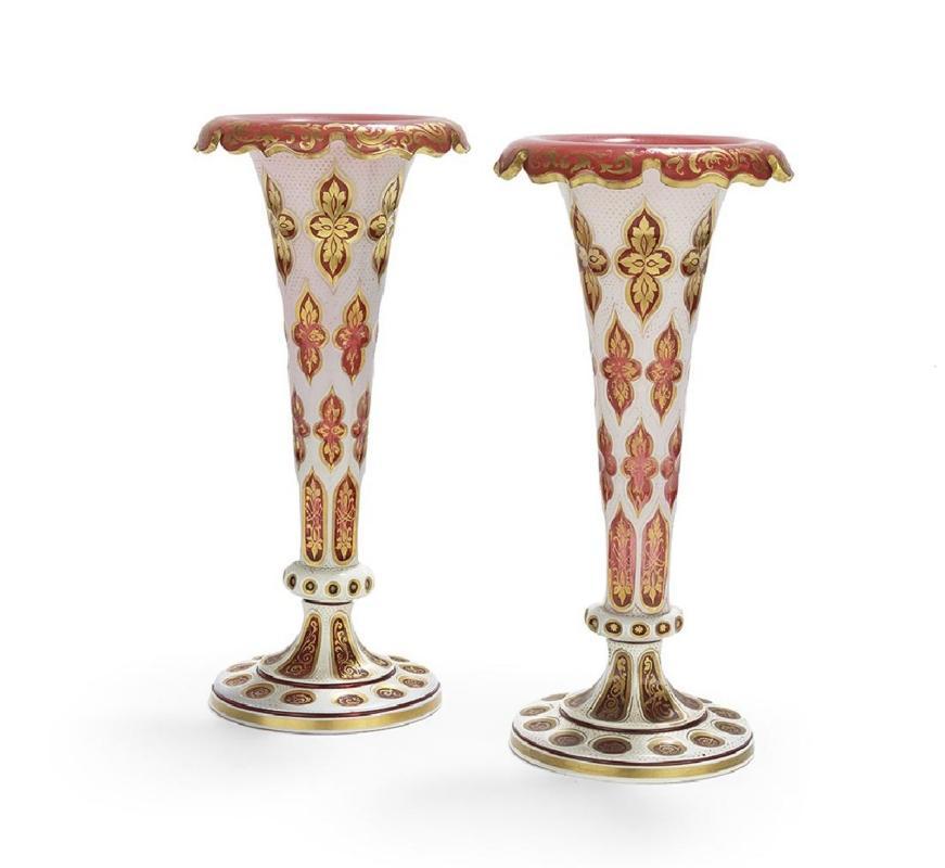 Pair Antique Bohemian Parcel Gilt Cased Glass Trumpet Vases