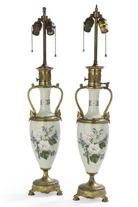 Pair Antique Aesthetic Style Pate-Sur-Pate Porcelain Table Lamps