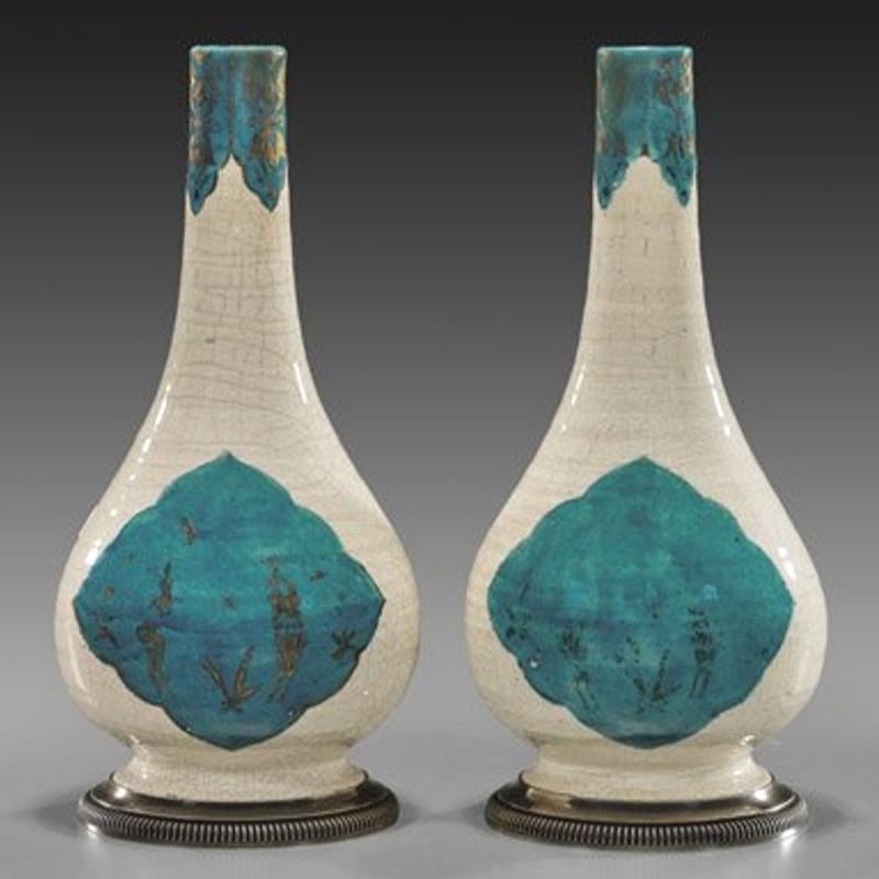 Pair Emile Puiforcat Silver Mounted Kashan Persian Style Glazed Pottery Vases from Cartier