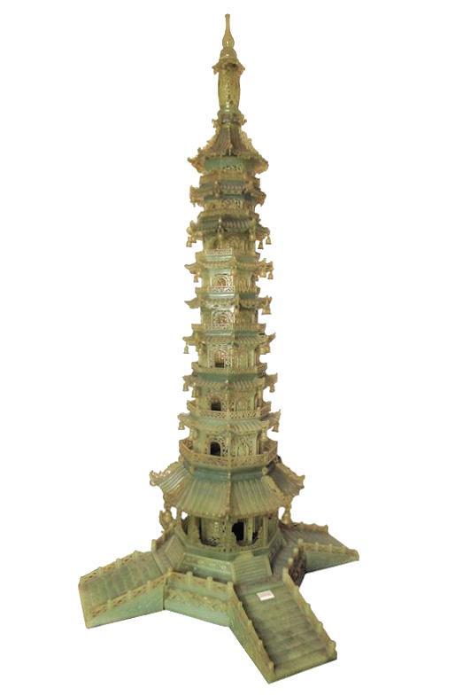 Antique Chinese Serpentine Stone Buddhist Pagoda 36 in (92 cm)