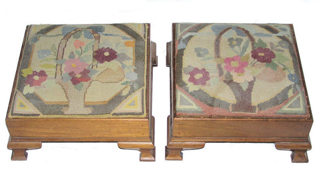 Pair Antique Mahogany Upholstered Foot Stools