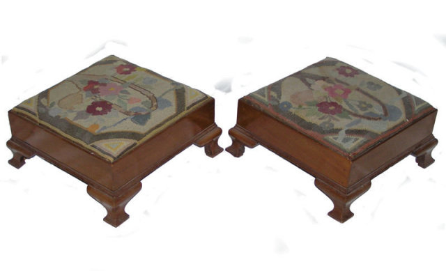 Pair Antique Mahogany Upholstered Foot Stools