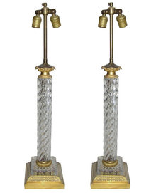 Pair Vintage Cut Glass & Brass Table Lamps