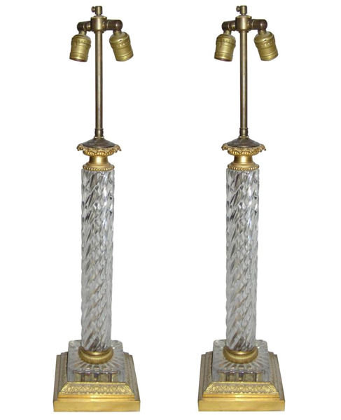 Pair Vintage Cut Glass & Brass Table Lamps