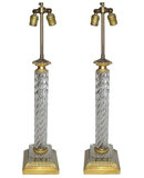 Pair Vintage Cut Glass & Brass Table Lamps