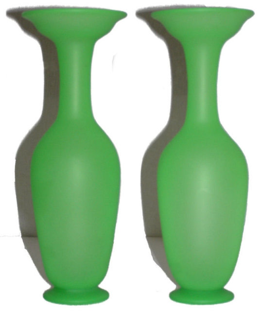 Pair Green Opaline Glass Flower Vases