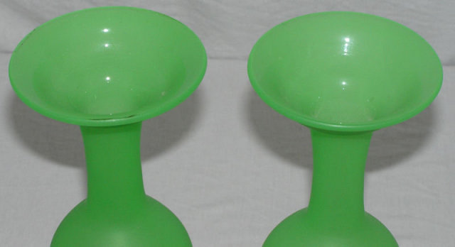 Pair Green Opaline Glass Flower Vases