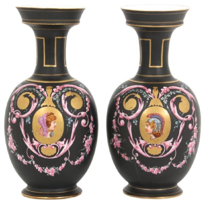 Pair Antique Roman Revival Porcelain Vases