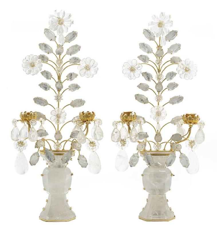 Pair French Bagues Style Rock Crystal and Gilt Metal Sconces