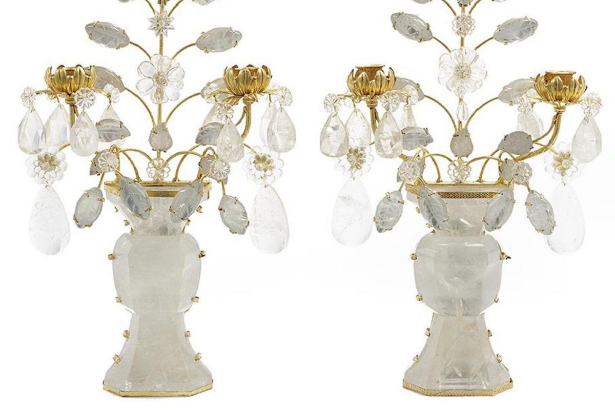 Pair French Bagues Style Rock Crystal and Gilt Metal Sconces
