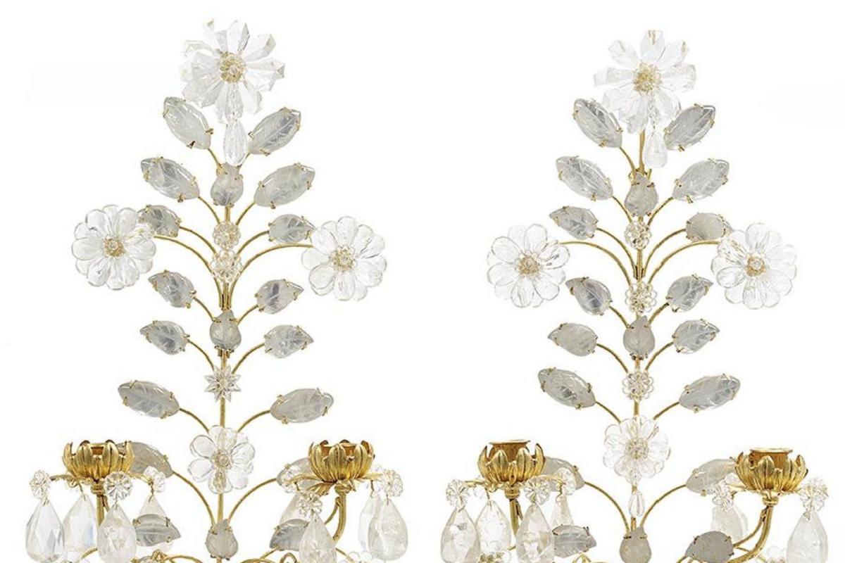 Pair French Bagues Style Rock Crystal and Gilt Metal Sconces