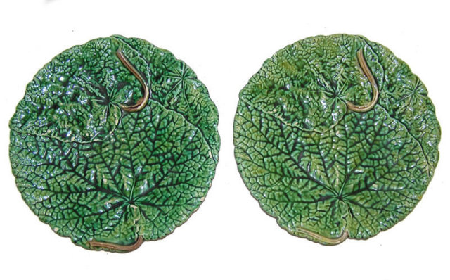 Pair of French JRL Majolica Green Leaf Plates