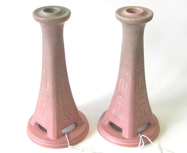 Pair Rookwood Red Glaze Candlesticks from 1920