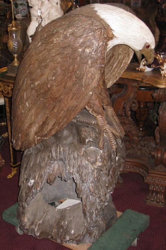 Pair Monumental Antique Japanese Meiji Carved Wooden Bald Eagle Sculptures