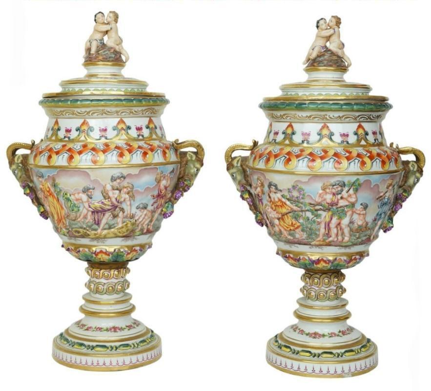 Pair Large Antique Italian Capodimonte Urns / Vases with Lids