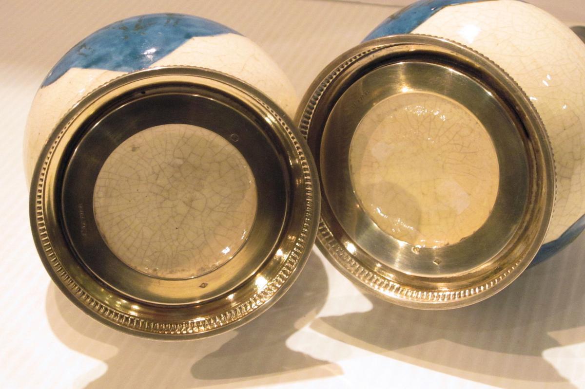 Pair Emile Puiforcat Silver Mounted Kashan Persian Style Glazed Pottery Vases from Cartier