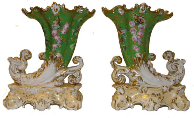 Pair Jacob Petit Porcelain Cornucopia Vases
