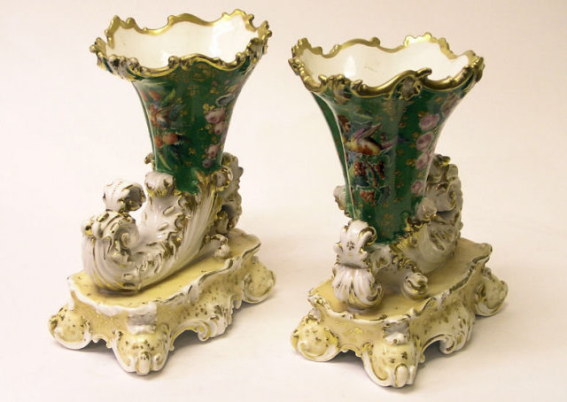 Pair Jacob Petit Porcelain Cornucopia Vases