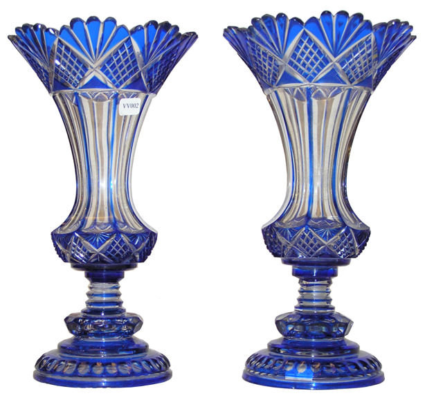Pair of Blue Cut-To-Clear Glass Vases