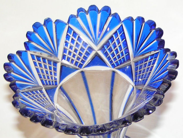 Pair of Blue Cut-To-Clear Glass Vases