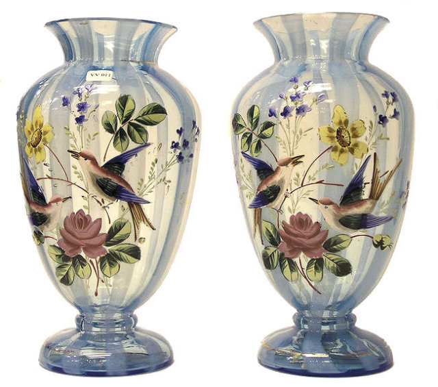 Pair Glass Vases w Enamel Birds & Flowers