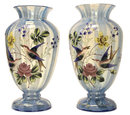 Pair Glass Vases w Enamel Birds & Flowers