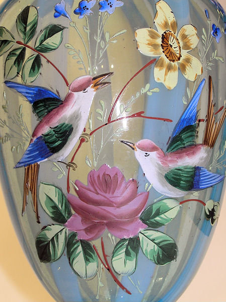 Pair Glass Vases w Enamel Birds & Flowers