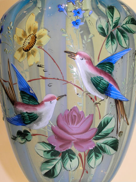 Pair Glass Vases w Enamel Birds & Flowers