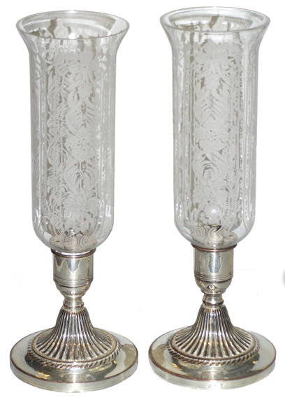 Pair Silver Candlesticks w Glass Hurricanes