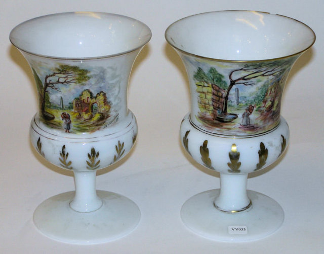 Pair Opaline Glass w Painted German Motif