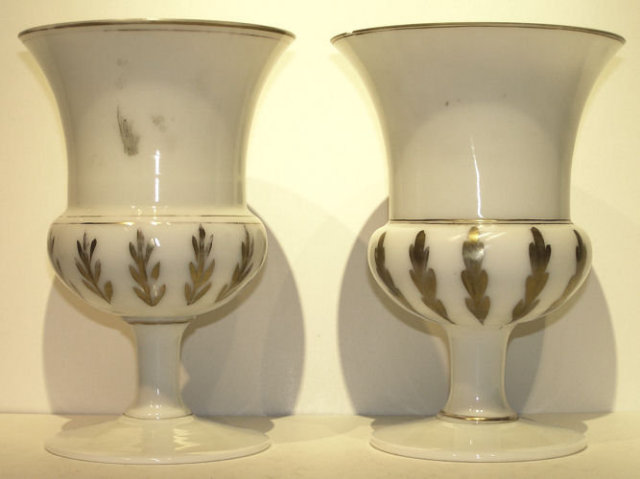 Pair Opaline Glass w Painted German Motif
