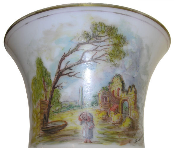 Pair Opaline Glass w Painted German Motif