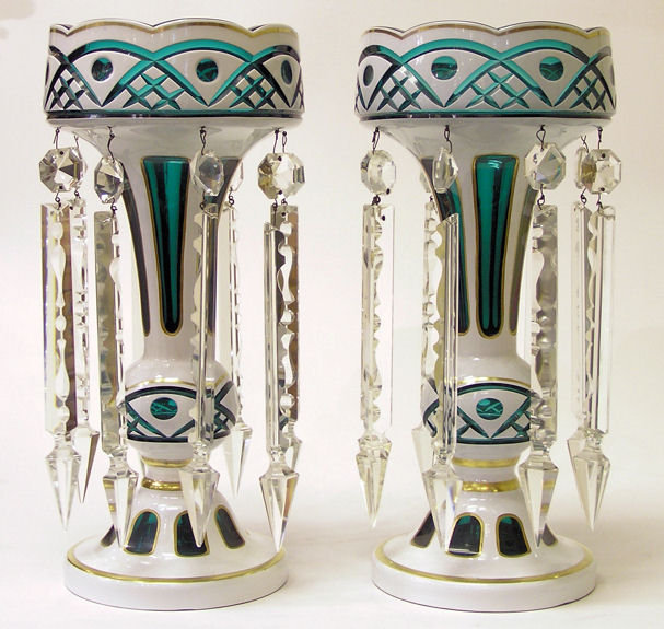 Pair Bohemian Green & White Glass Lustres